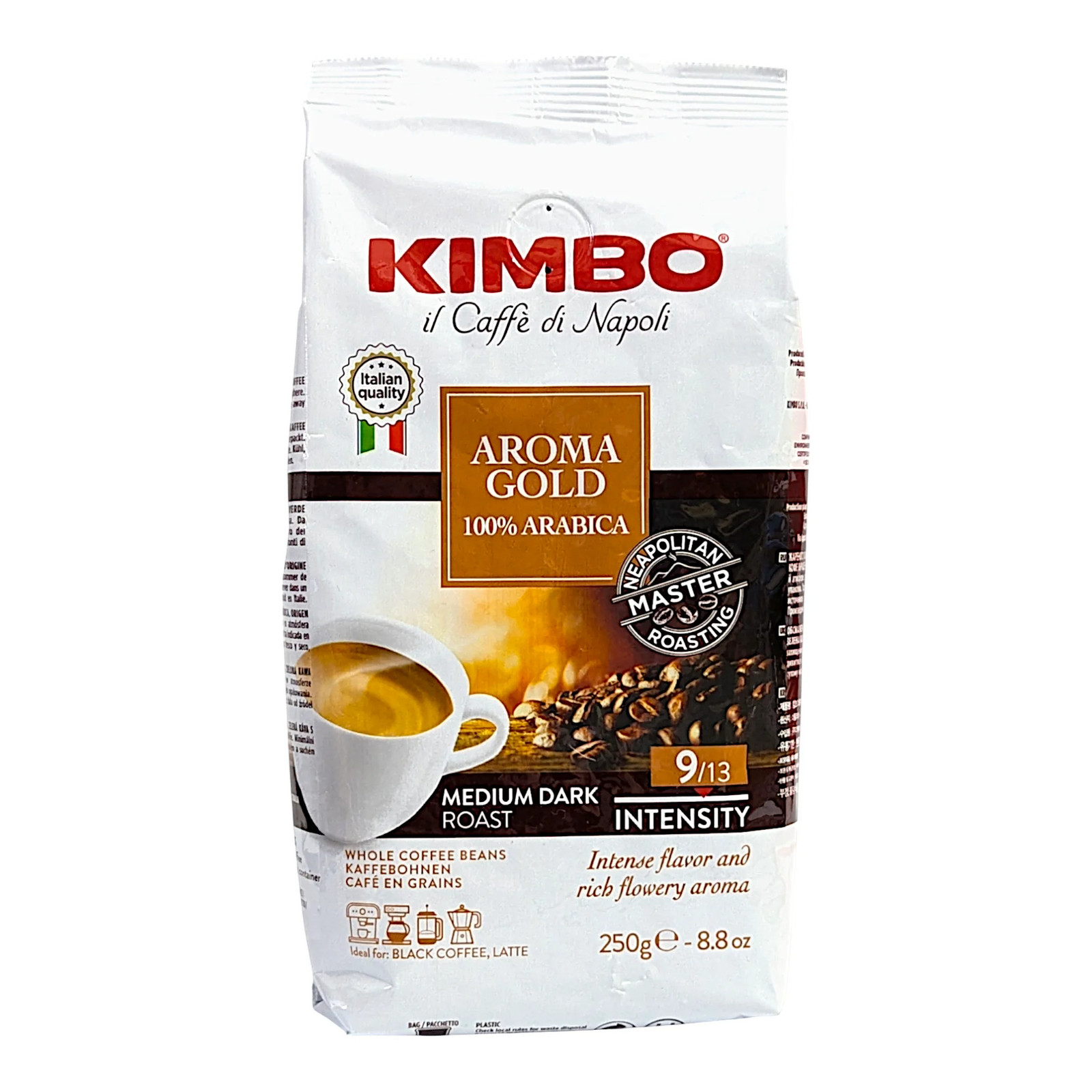 Kimbo Aroma Gold 100% Arabica Whole Coffee Beans / Caffe Torrefatto in Grani 250