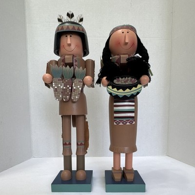 Native American Thanksgiving Nutcracker Pair Wood Brown Geometric Holiday