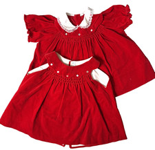 Vintage Baby Dress Red Velvet Christmas Size 12 Months Holiday Smocked 1980s EUC