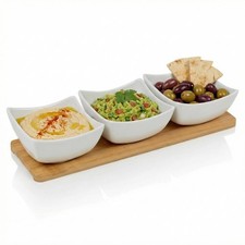 4pc Porcelain Dip Bowls Set Bamboo Tray Square Tapas Snack Serving Dish Board