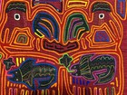 Vintage Kuna Mola Hand Stitched Textile Panel Panama Guna Folk Art Pelicans Fish — photo 4