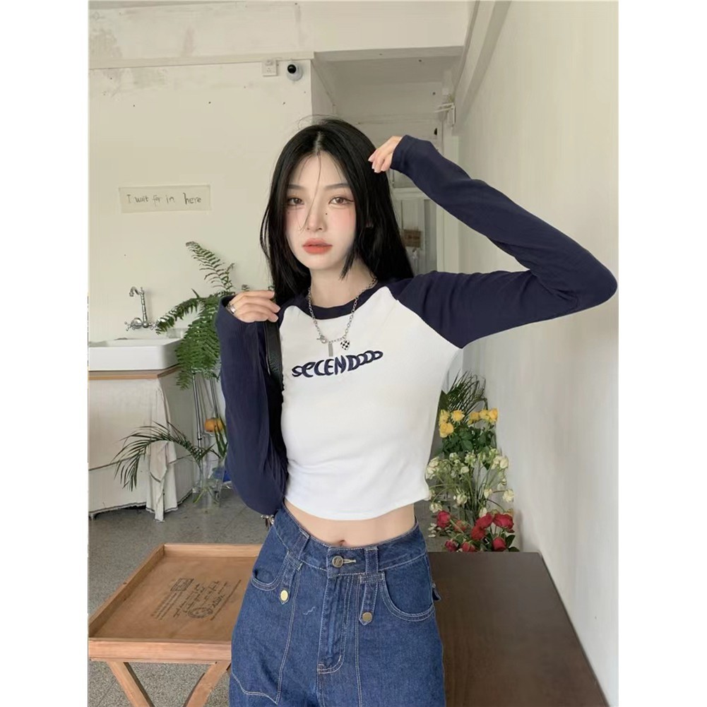 ALTRA T shirt donna retrò ricamata manica lunga vita alta moda top