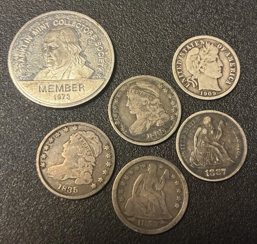 5 Early Silver Dimes Lot Bust Seated Liberty Barber & Franklin Mint Member Token