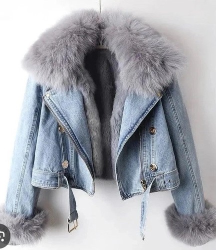 Pale Denim Faux Fur Collar Cuffs & Lining Biker Jacket NEW Plus Size 2XL 16 18 - Picture 1 of 12