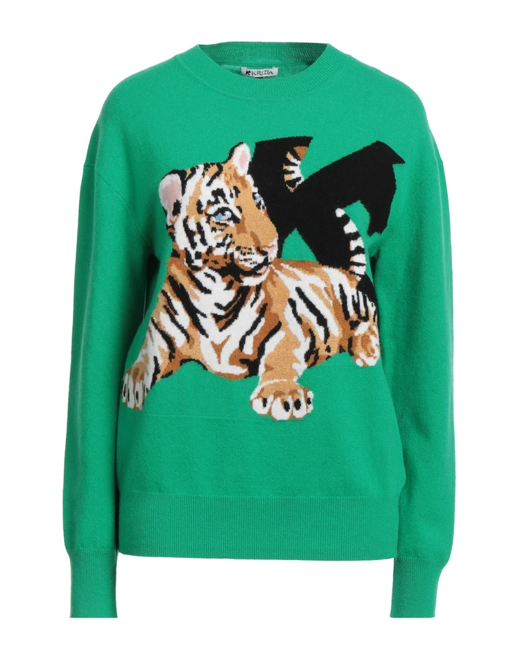 RRP €420 KRIZIA Wool Jumper IT38 US2 UK6 XS Cashmere Blend Green Tiger Intarsia - Image 3 of 4