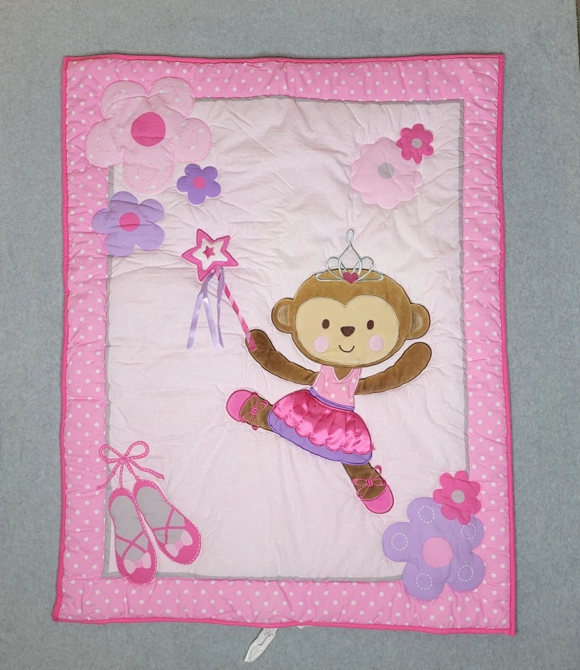 Carters Child Of Mine 3 Pcs Nursery Set Pink Monkey Quilt Sheet And Dust Ruffle - Image 2 of 4
