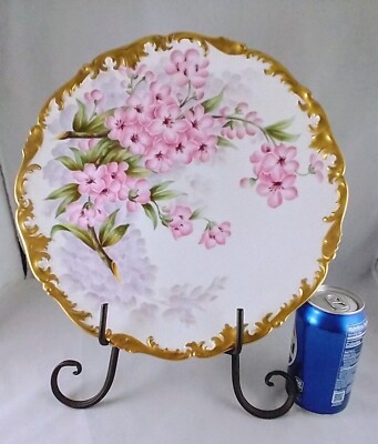 Antique T & V Limoges France 12.5  CHARGER  PLATE PINK MANDALA ROSE Signed ROBY