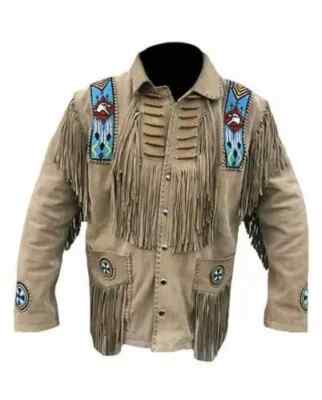 Men's Native American Western Style Suede Leather Jacket With Fringe & Bead Work