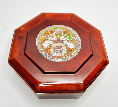 Lacquer Red Wood Rabbit Asian Jewelry Box Inlaid Mother of Pearl Abalone Vanity