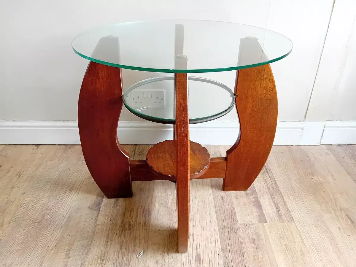 Superb 1960 s Mid Century 3 Tier Glass and Oak Coffee Side