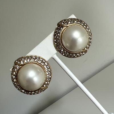 Vintage CINER Pearl Gold Metal Clip On Earrings Statement Chunky Jewelry Mabe