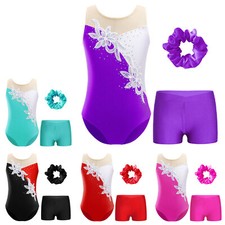 Kids Girls Gymnastics Leotards Shorts Hair Scrunchie Dance Unitard Ballet