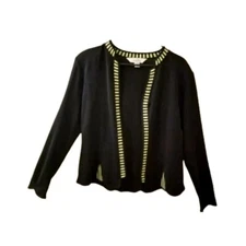 MING WANG Black Acrylic Knit Cardigan Sz Medium Green Striped Trim Lightweight