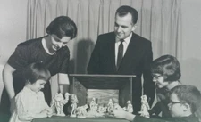 Family Christmas Nativity Scene Adoration Proper Fashion B&W Vintage Photograph