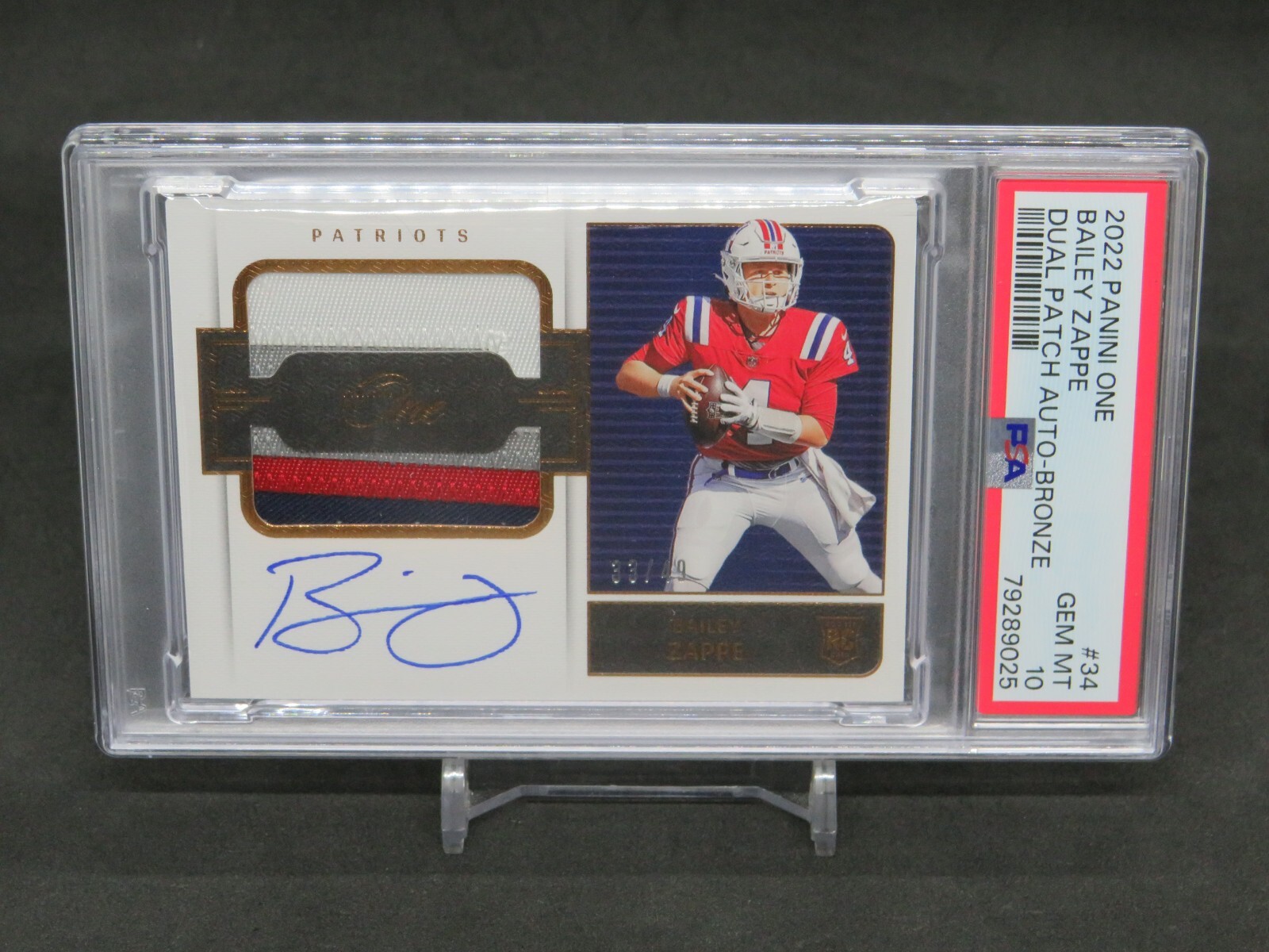 Bailey Zappe Panini One #34 Dual Patch Autograph-Bronze