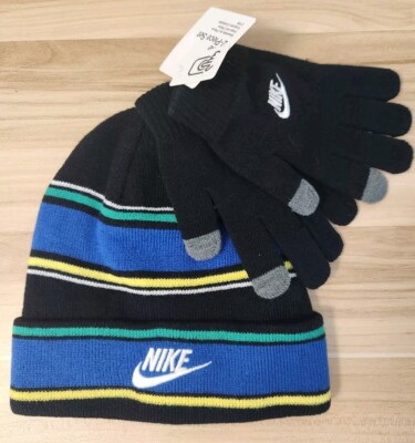 NIKE Youth Winter Hat Beanie 2 Piece Black Blue Yellow 