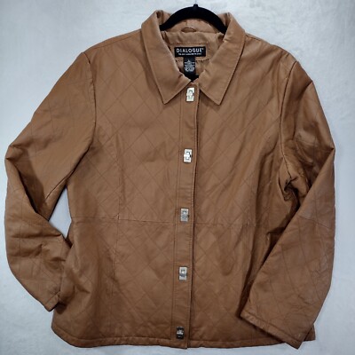 DIALOGUE 100% Leather Jacket Womens Large Brown Quilted Lined Turnlock Buttons 1