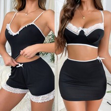 Women Pajamas Set Sleepwear PJ Set Soft Lace Cami Set with Short Pants Nightwear