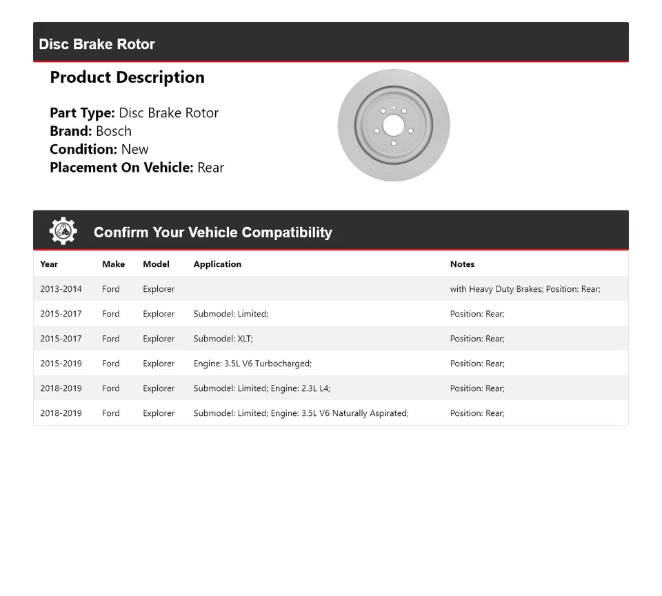 Тихий литой задний дисковый тормоз ротор для Ford Explorer Bosch 2013-2019 годов выпуска 2014 2015 2016 годов выпуска - Изображение 2 из 4