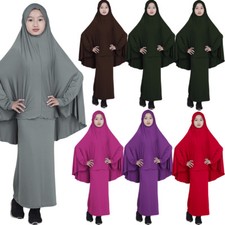 Muslim Kids Girls Prayer Scasrf Hijab Dress Set Islamic Kaftan Abaya Robe