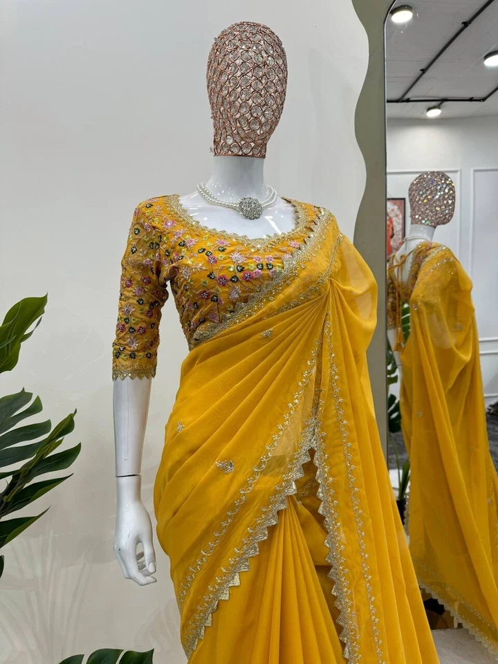 Blusa sari de seda nupcial de diseñador Haldi Sari boda fiesta ropa sari bollywood Foto 4 de 4