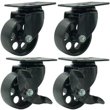 4 All Black Metal Swivel Plate Caster Wheels w/ Brake Lock Heavy Duty (3" Combo)