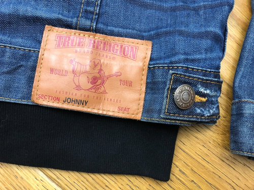 TRUE RELIGION JOHNNY BLUE DENIM JEAN JACKET BLACK HOODIE HOODED TOP MEDIUM - Picture 23 of 24