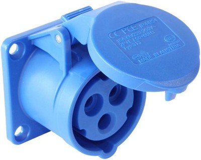 PCE - 16A, 230V, Panel Mount CEE Socket, 2P+E, Blue, IP44