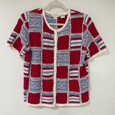 Crochet Patchwork Cardigan Womens S Red Blue Knit Sweater Cottagecore Coastal