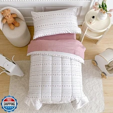 Joyreap 4 Piece Cotton Toddler Bedding Set for Girls, Flower Stripes Boho Des