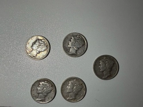Lot of 5 1930s Mercury Dine 90% Silver