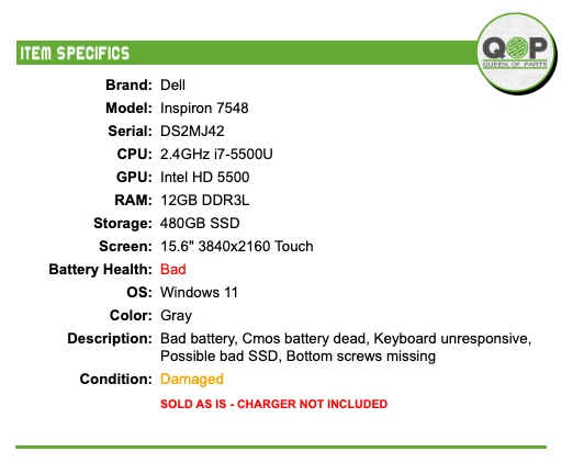 PARA REPUESTOS: Dell Inspiron 7548 - 15.6" 4K Touch, 2.4GHz i7, 12GB L RAM, 480GB SSD Foto 2 de 4