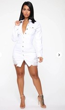 Fashion Nova Long Sleeve Button-Up Distressed Stretch Denim Dress white medium