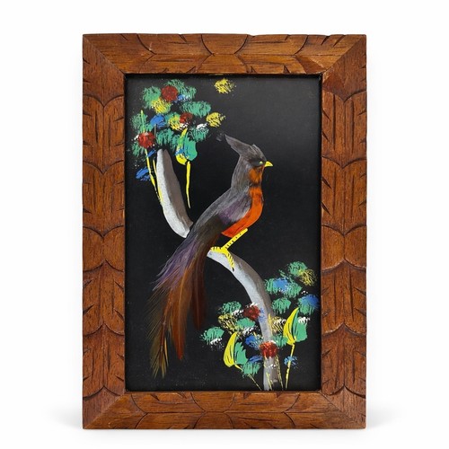 Vintage Mexican Feather Bird Art Hand Carved Wood Frame Folk Art Mixed Media
