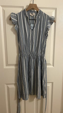 NWT Ann Taylor Loft Flowy Chambray Blue White Stripe Ruffle Tie Waist Size XXSP 