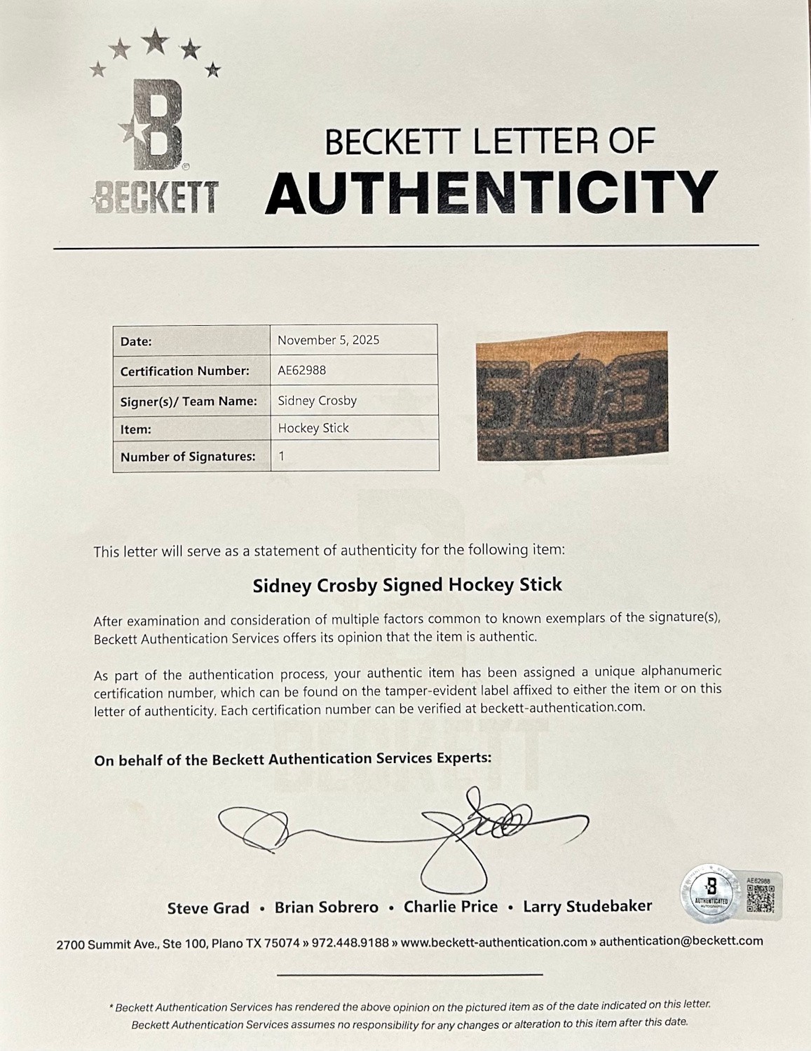 Sidney Crosby (Penguins) Signed Sher-Wood PMOSC 5030 Hockey Stick (Beckett LOA)