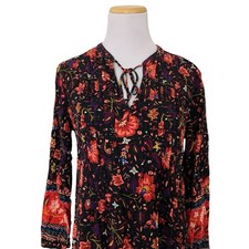 Old Navy Floral Paisley Boho Shift Dress Womens M Long Sleeve Tassel Keyhole