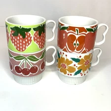 Nevco Japan Stackable Coffee Mugs Set Of 4 1960s MCM Fruit Floral