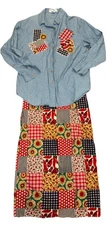 Vintage Eagles Eye 90s Women’s Large Outfit Denim Button Down W/ Skirt Patchwork