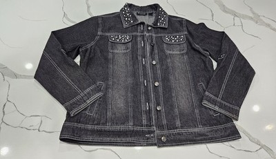 Frazzle Women's Size X Large Black Denim Jacket Sparkles DAZZLE Embellished EUC