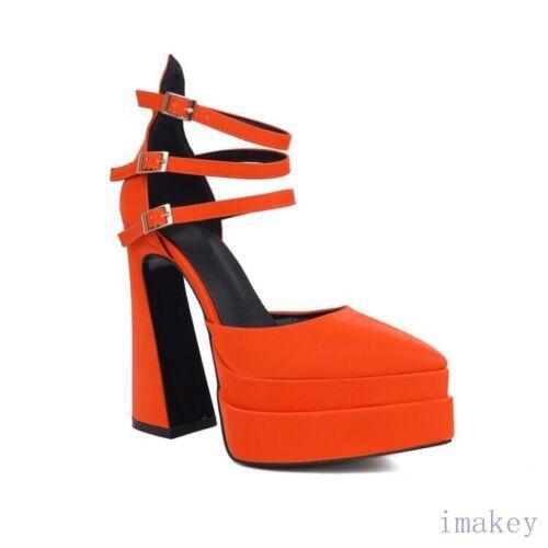 Damen-Pumps Plateau spitz zulaufend klobige Absätze Schnallenriemen Freizeitschuhe Pumps - Bild 15 von 16