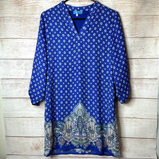 Buttons X Francesca's Sheer Lined Blue Geometric Paisley Shift Dress Women's S