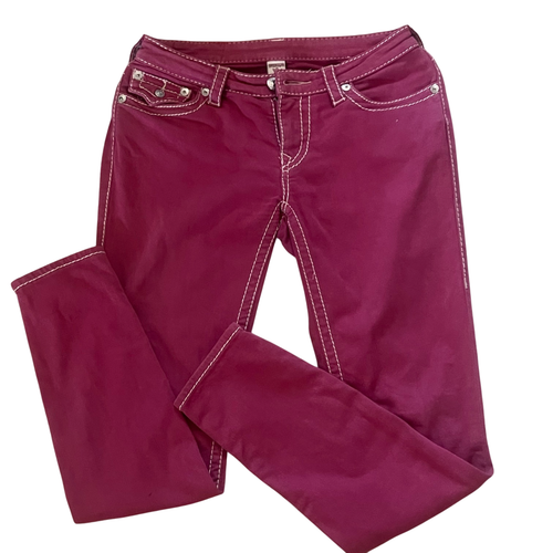 Pantalones de mezclilla True Religion World Tour para mujer sección de costura blanca ajustados rojos 27 - Imagen 3 de 8
