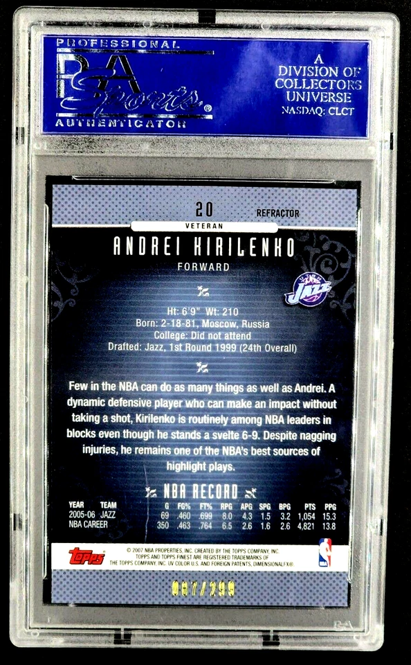 2006 Topps Finest Blue Refractor #20 Andrei Kirilenko /299 PSA 10 Gem Mint POP 1 - Image 2 of 4