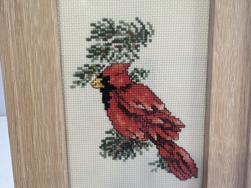 Red Cardinal CrossStitch Needle Point Completed W/Frame Handmade Vintage Bird - Picture 2 of 8