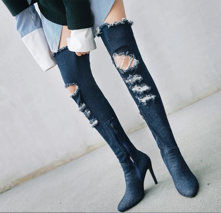 Women Denim Ripped Hold Thigh High Boots Pointy Toe High Heel Club Party Shoes