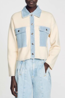 Sandro Women's  Denim splice Big pocket Knit cardigan coat Jackets
