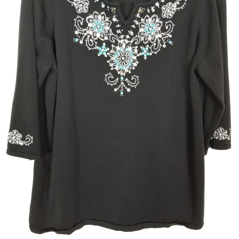 Quacker Factory Women' Plus Snowflake Beaded Pearl Tunic Sweater Sz 1X Black - Image 3 of 4