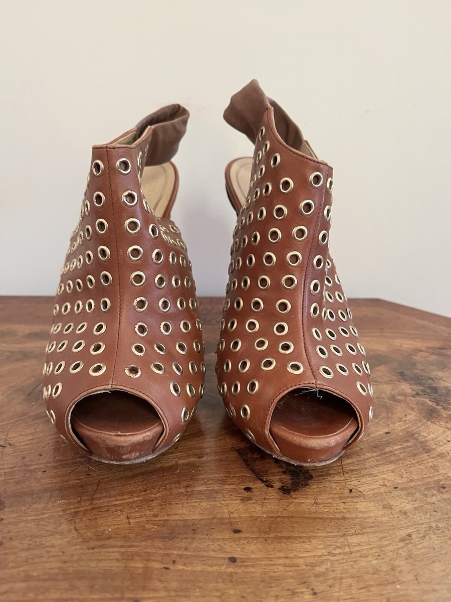 Alexander McQueen Brown Leather Studded Open Toe platform heeled shoes