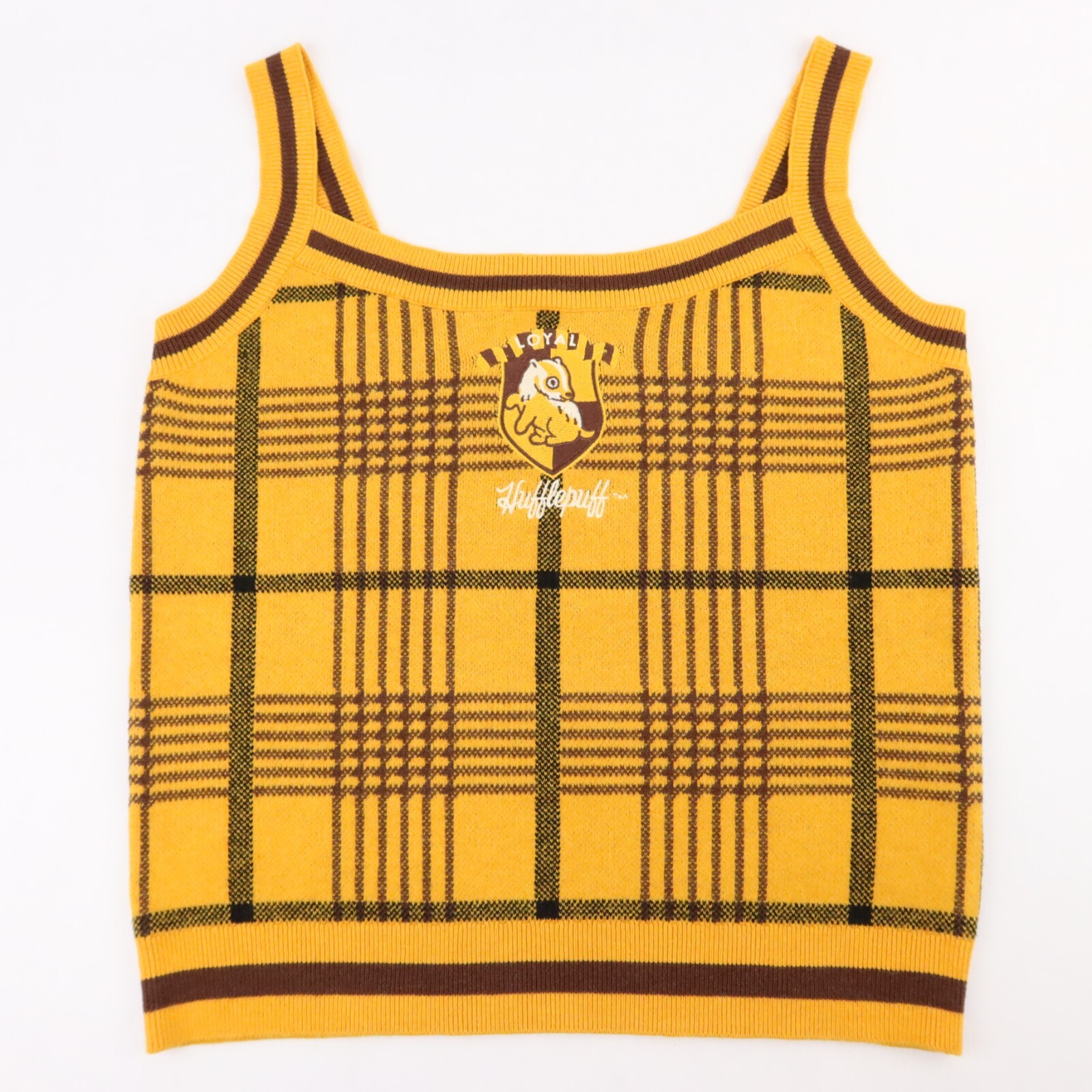 Camiseta sin mangas Harry Potter Hufflepuff para mujer mediana tejida a cuadros bordado escudo de casa